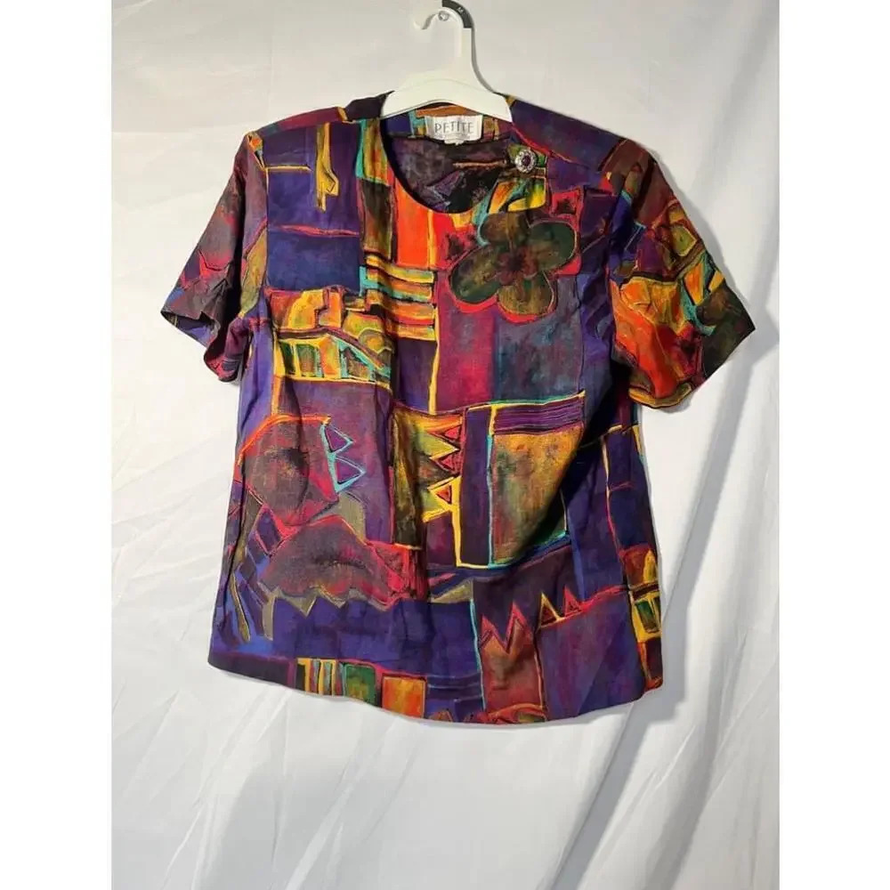 Vintage‎ Women's Petite Sophisticate abstract Blouse Purple Multicolor